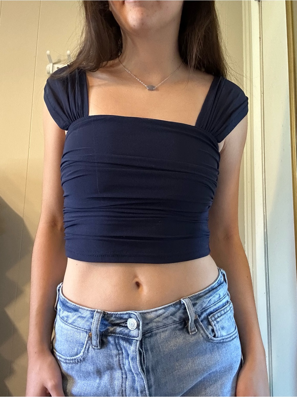 SHEIN Navy Square-Neck Ruched Crop Top